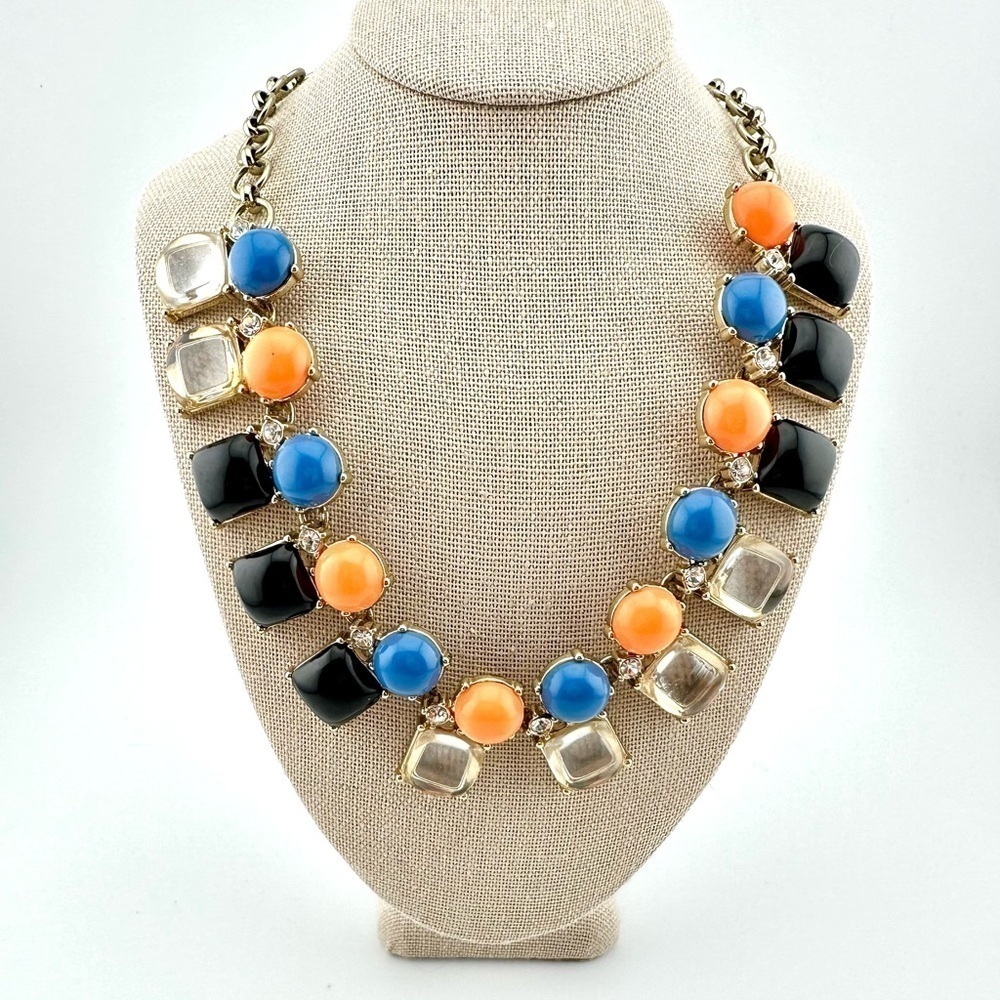 J. Crew Coral, Blue & Black Cabochon Stones with Rhinestones Statement Necklace